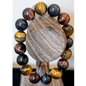 14mm Blue, Red and Gold Yellow Tiger Eye Crystal Beads Stretchable Bracelet